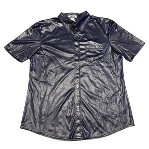 VTG YMLA Studio Short Sleeve Button Up‎ Shirt Navy Blue Men's Size L Made In USA